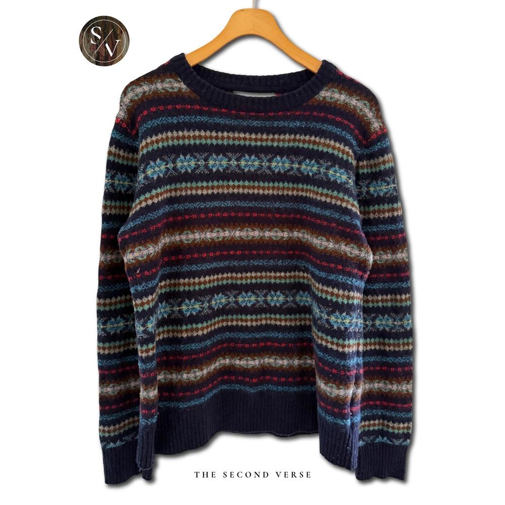 Vintage H&M Fair Isle Wool Blend Crewneck Sweater Navy Blue Multi Size Large